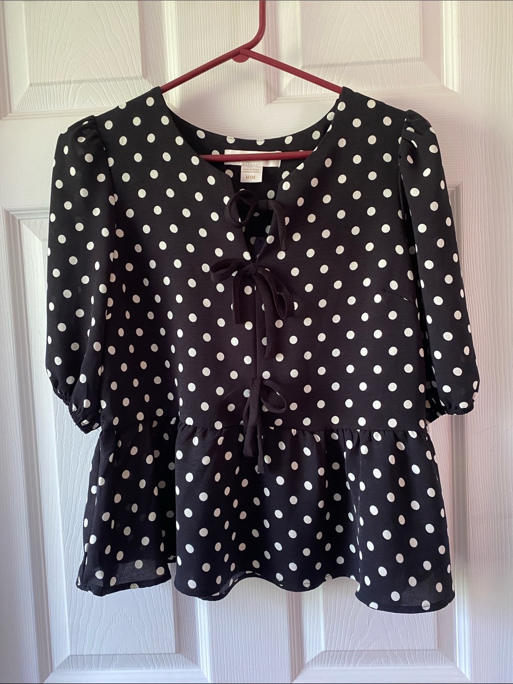 Monteau Los Angeles Black & White Polka Dot Peplum Blouse Medium - Picture 2 of 8
